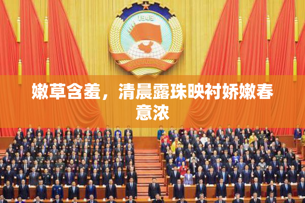 嫩草含羞，清晨露珠映衬娇嫩春意浓